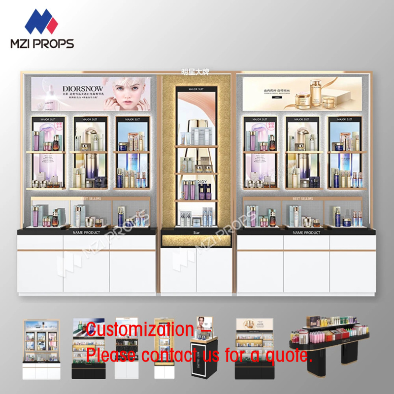 Interior Design Exhibition - Maßgefertigte Kosmetik-Einrichtung mit LED-Beleuchtung, Gold-Serie, Make-up-Shop-Innendesign,